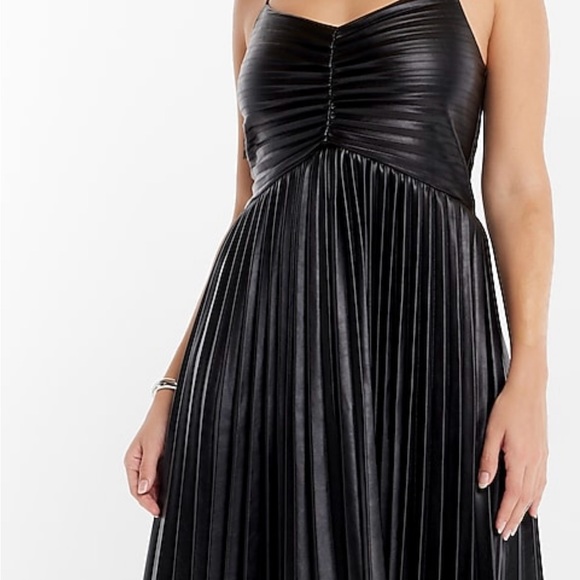 Faux Leather V-Neck Pleated Fit And Flare Mini Dress - Picture 6 of 7